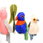 Load image into Gallery viewer, Tara Treasures Baby Nursery Felt Hanging Cot Mobile - Australian Birds (Cockatoo, Lorikeet, Galah & Kookaburra)