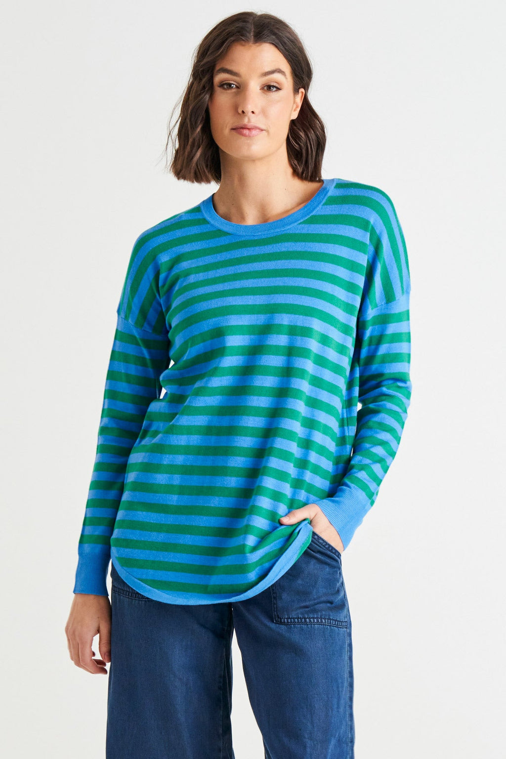 Betty Basics Sophie Knit Jumper - Green/Blue Stripe [CLR:GREEN/BLUE STRIPE SZ:8]