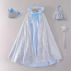 Petticoat Princess 4 Piece Cape Set (Cape, Bag, Wand & Crown) - Silver Sequin