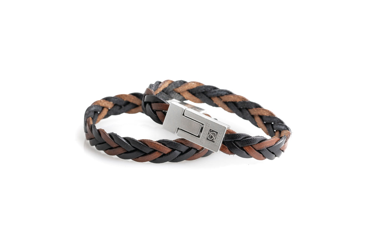 Duomo Dallaiti Italian Braided Leather Woven Bracelet - Black/Brown Two Tone Medium