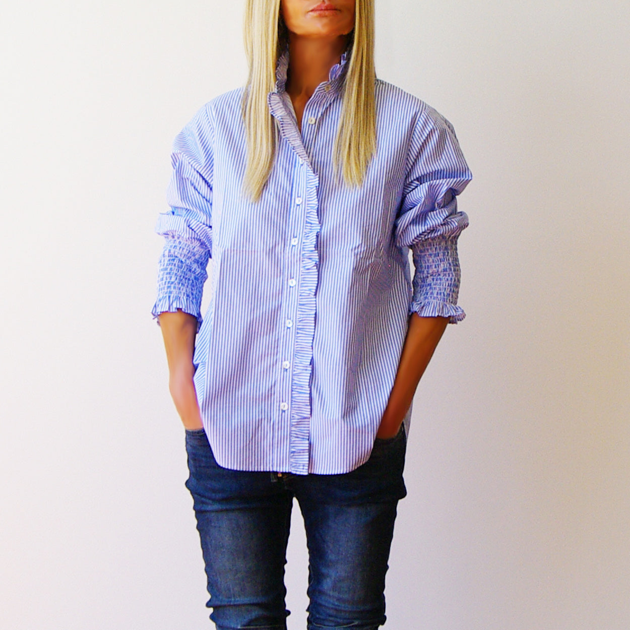 Who's Charlie Poppy Shirt - Stripe Poplin Azure & White [CLR:AZURE & WHITE SZ:S]