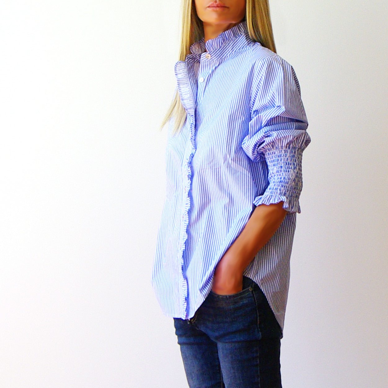 Who's Charlie Poppy Shirt - Stripe Poplin Azure & White [CLR:AZURE & WHITE SZ:S]