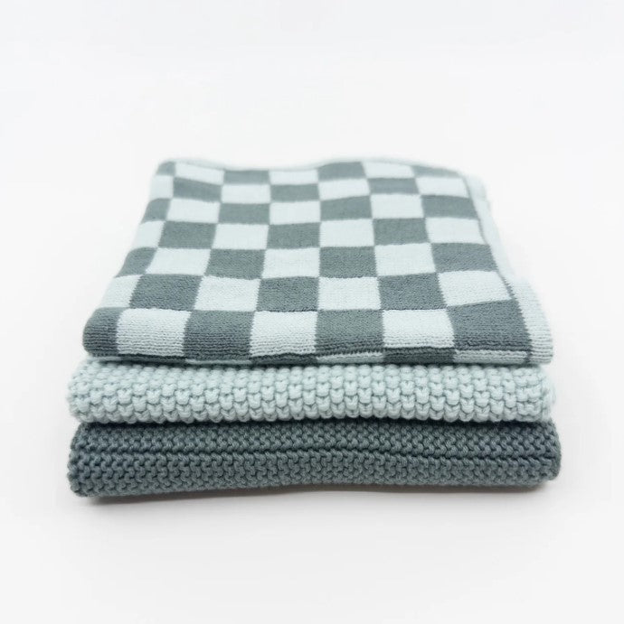 Ecovask Organic Cotton Mixed Dishcloths 3pk - Sea Foam Chequer