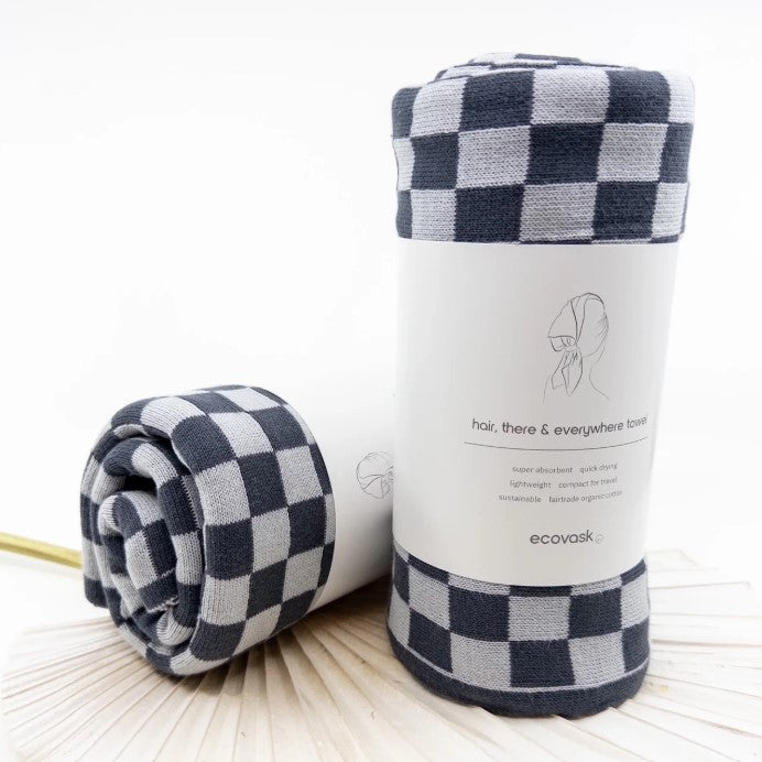 Ecovask Organic Cotton Hair, There & Everywhere Towel - Graphite Chequer