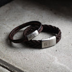 Load image into Gallery viewer, Steel &amp; Barnett - Denby Brown Silver - Double Stack Braided Leather Bracelet [CLR:BROWN  SZ:S (18-19cm)]
