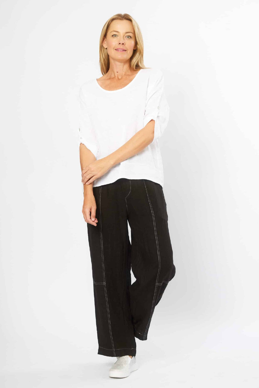 La Strada Collection Linen Mesh Panel Top - White [SZ:S]