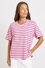 Load image into Gallery viewer, Betty Basics Relax Boxy Tee [CLR:PINK/CHOCOLATE STRIPE SZ:8]
