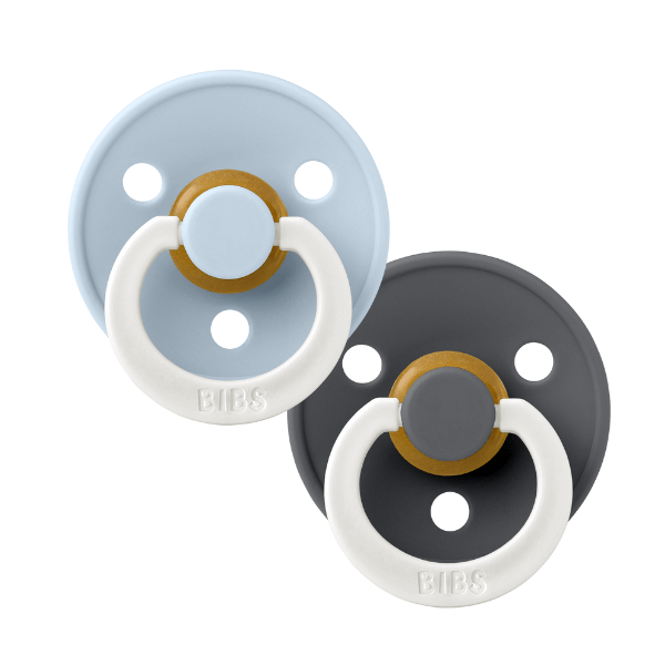 BIBS Dummies Colour GLOW 2 Pack Round - Iron/Baby Blue [SZ:1 (0+ months)]