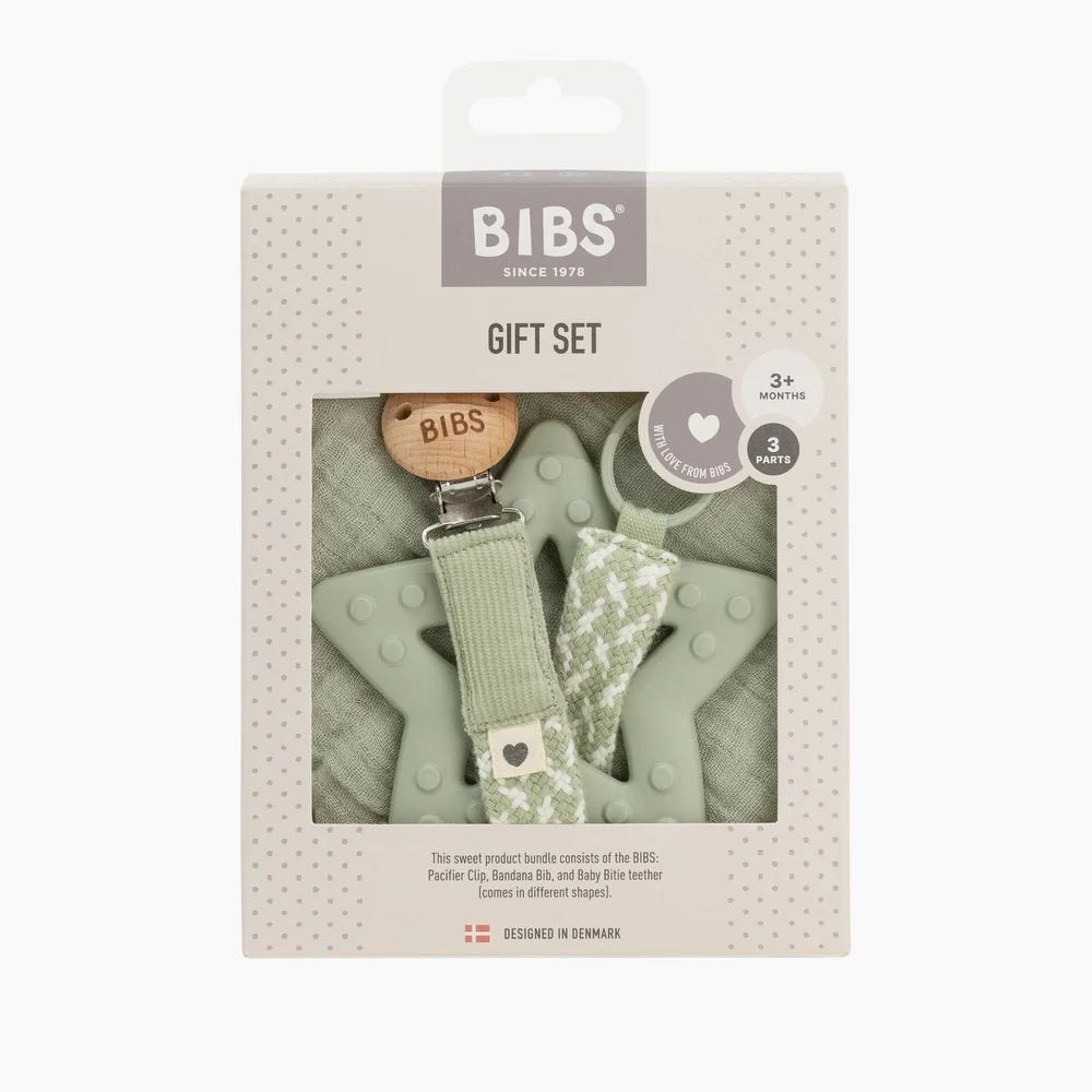 BIBS Gift Set Pacifier Clip, Bandana Bib & Teether - Sage