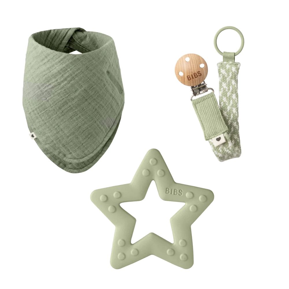 BIBS Gift Set Pacifier Clip, Bandana Bib & Teether - Sage