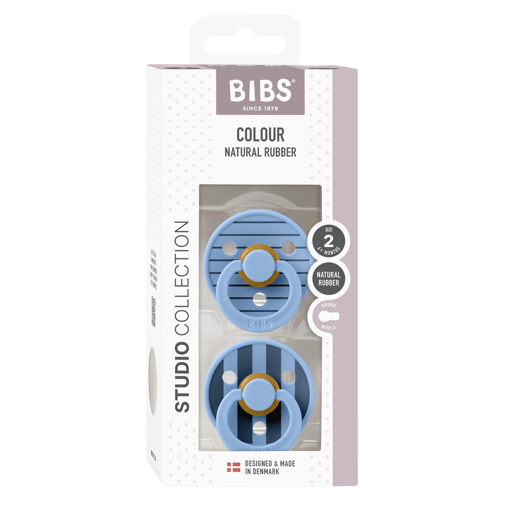 BIBS Dummies Twin Pack Size 2 (6+ months) Round Studio Colour - Pin Sky Blue Mix