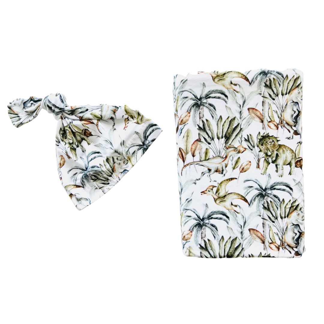 Mini & Me Organic Cotton Jersey Wrap With Matching Hat Set - Jurassic