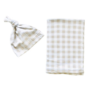 Mini & Me Organic Cotton Jersey Wrap With Matching Hat - Nude Gingham