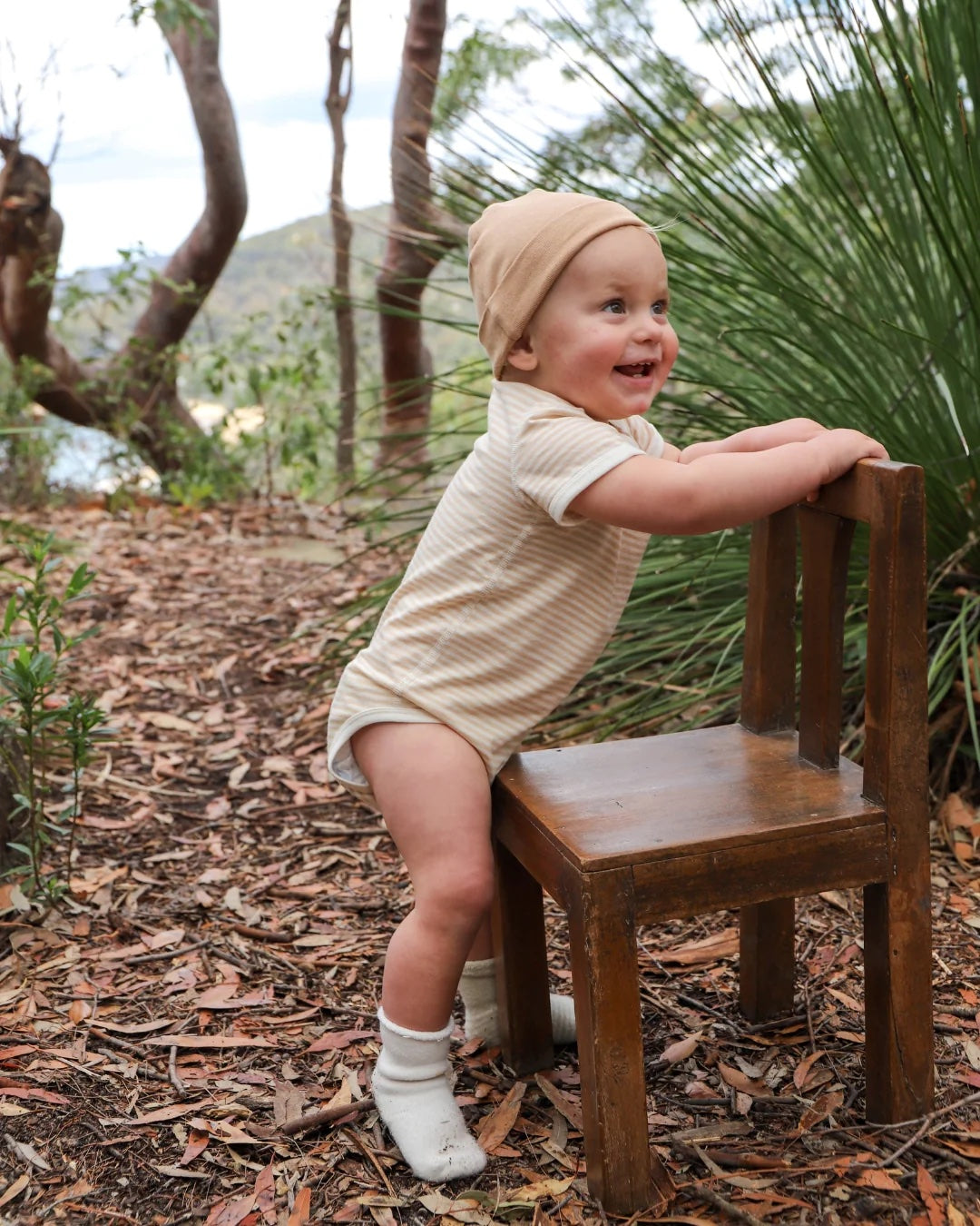 Fibre For Good Organic Jersey Stripe Short Sleeve Bodysuit with contrast Binding - Brown/Natural