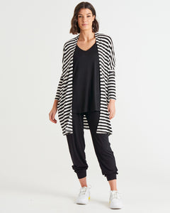 Betty Basics Margot Relaxed Fit Stretchy Cardigan - Black/White Stripe [CLR:BLACK/WHITE STRIPE SZ:S]