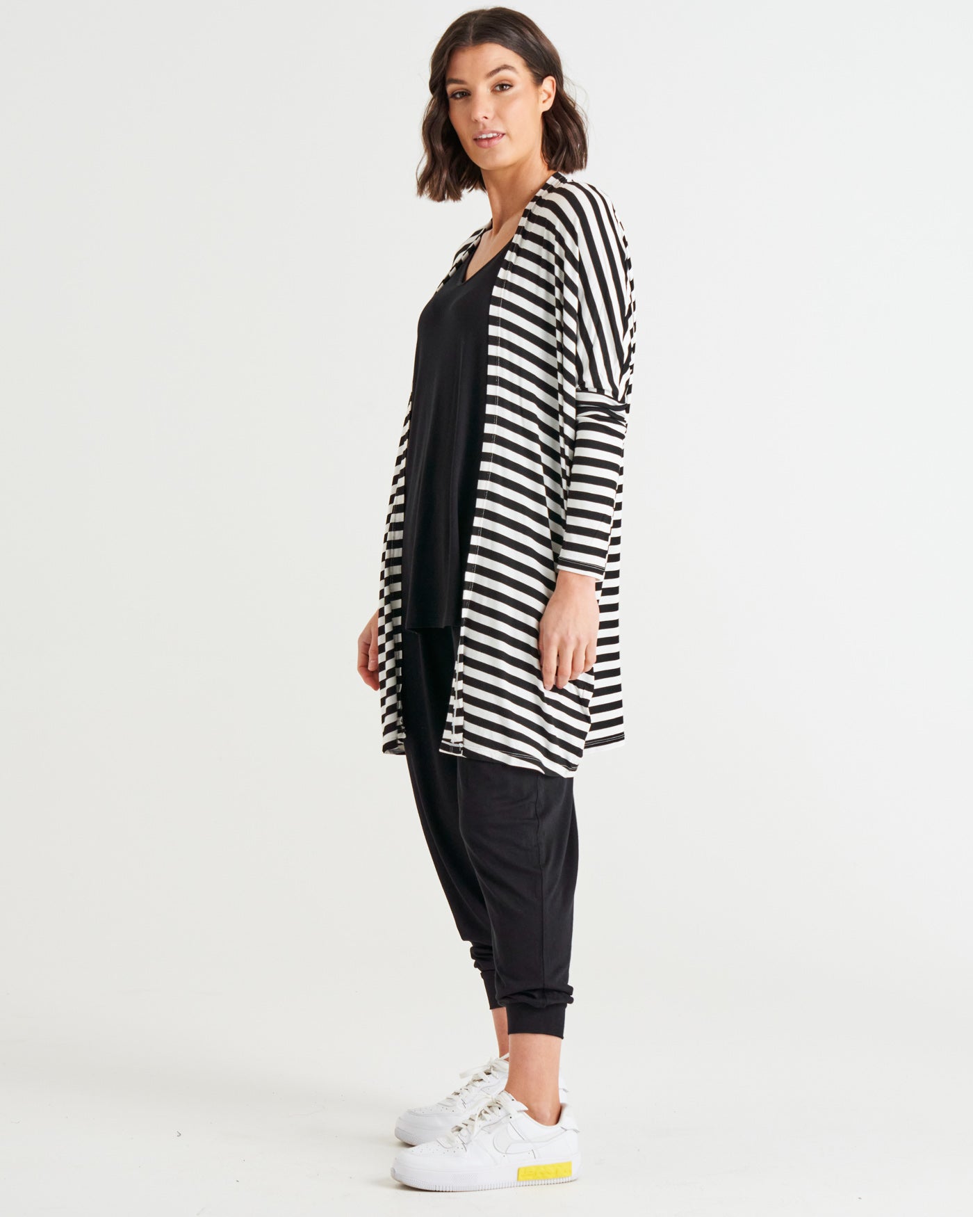 Betty Basics Margot Relaxed Fit Stretchy Cardigan - Black/White Stripe [CLR:BLACK/WHITE STRIPE SZ:S]