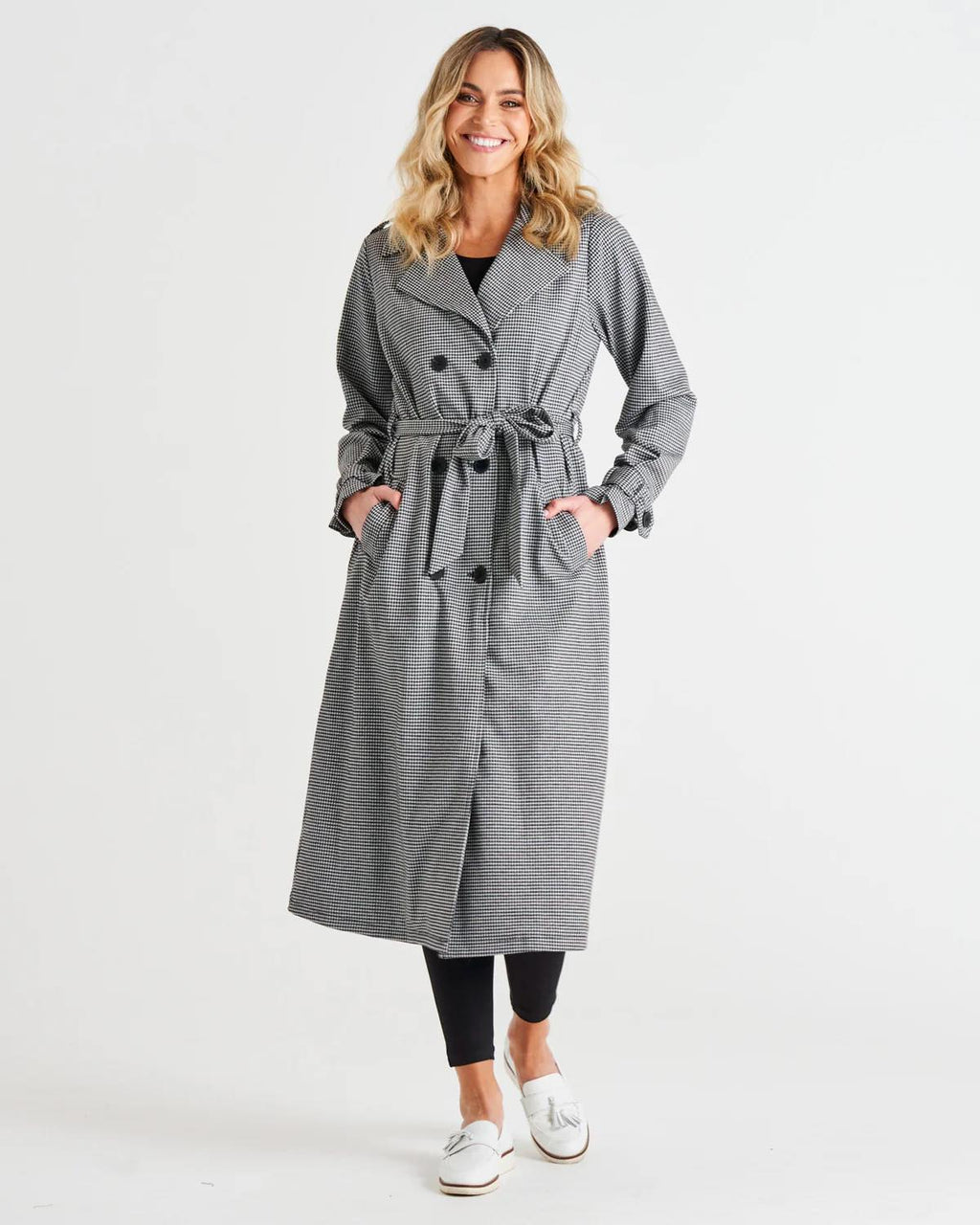 Betty Basics Ponte Trench Coat - Black Houndstooth [CLR:BLACK HOUNDSTOOTH SZ:8]