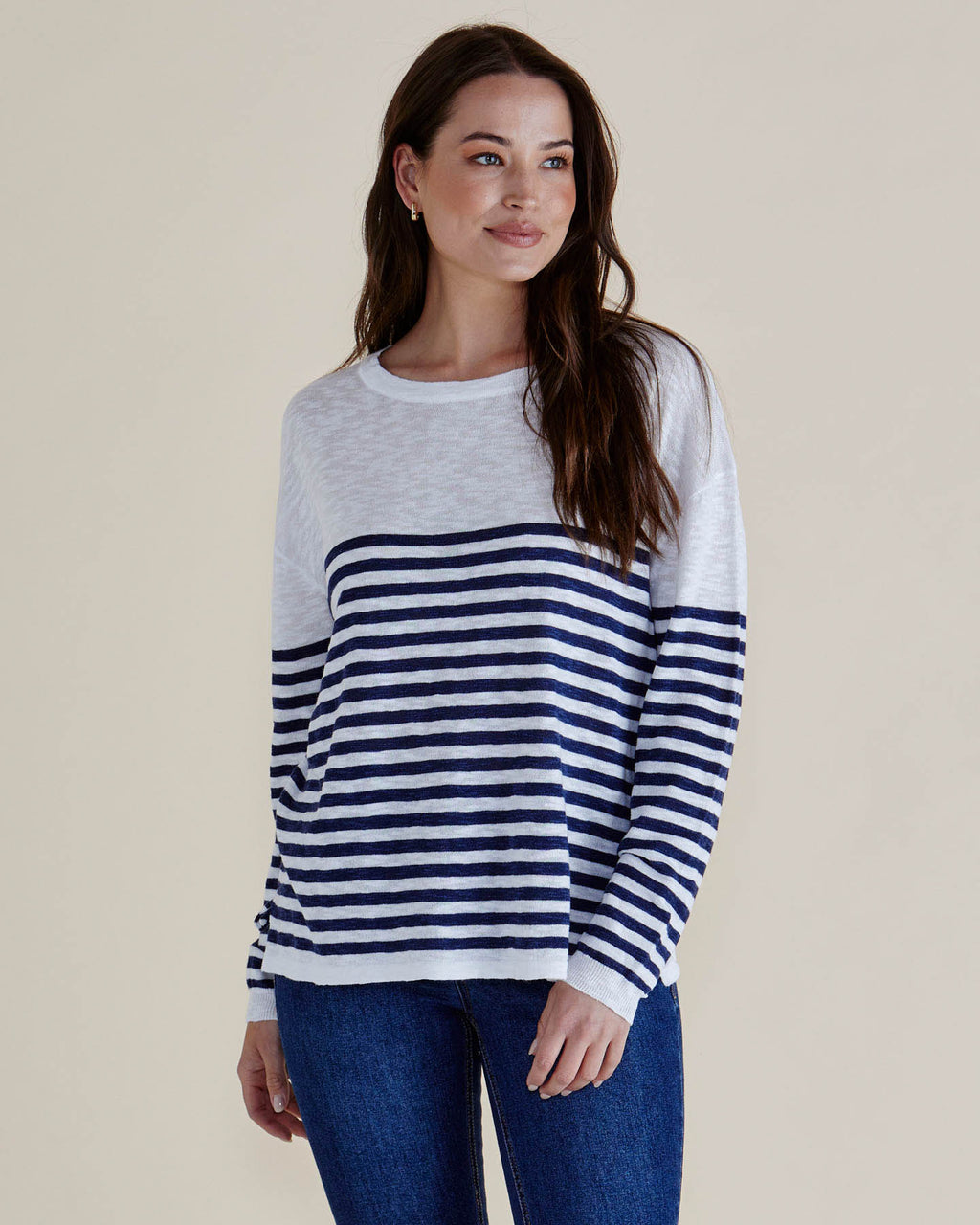 Betty Basics Natasha Knit Top - White/Navy Stripe [CLR:WHITE/NAVY STRIPE SZ:8]