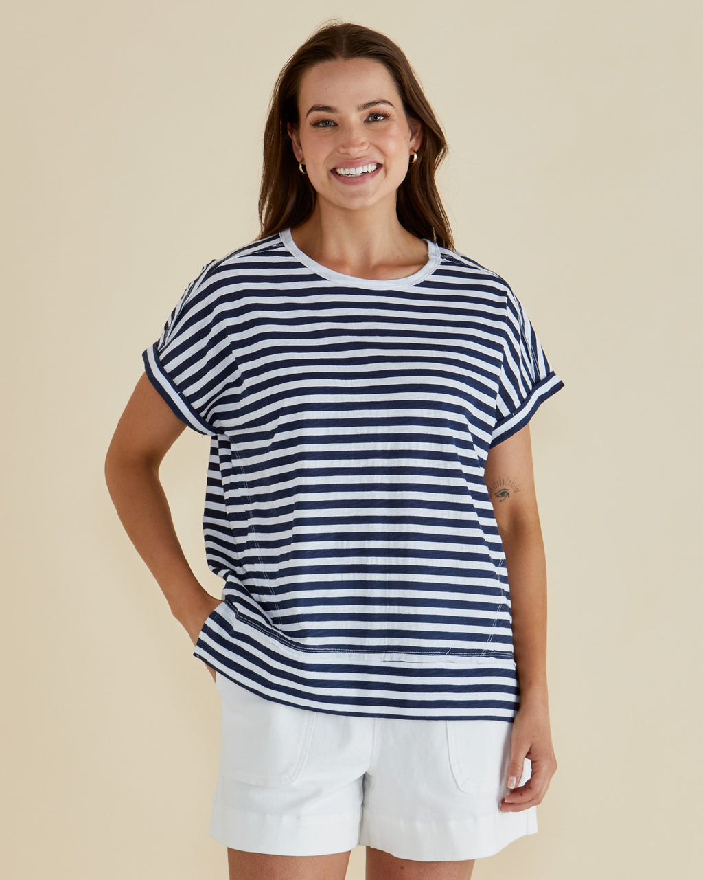 Betty Basics Shirley Short Sleeve Tee - Navy Stripe [SZ:6]