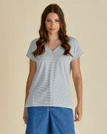 Load image into Gallery viewer, Betty Basics Tracy V-Neck Tee - Black/White Stripe [SZ:8]
