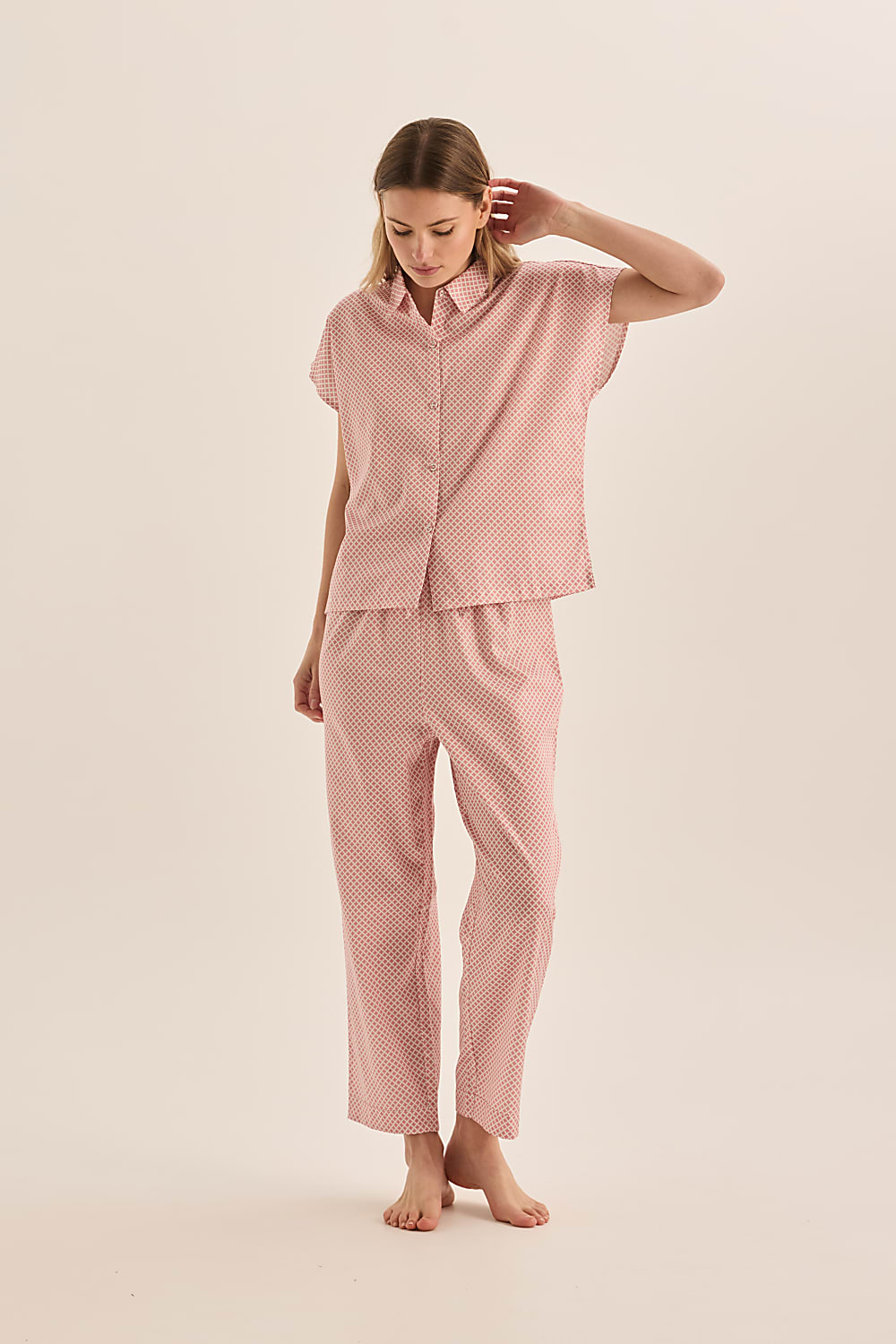 Gingerlilly Goldie Cotton Diamond Pyjama Set - Pink [CLR:PINK SZ:S]