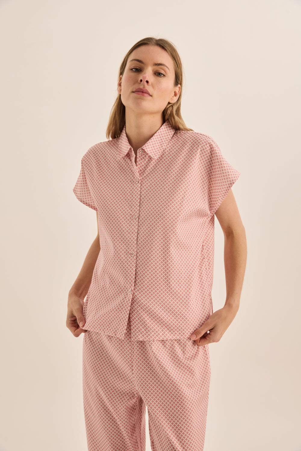 Gingerlilly Goldie Cotton Diamond Pyjama Set - Pink [CLR:PINK SZ:S]