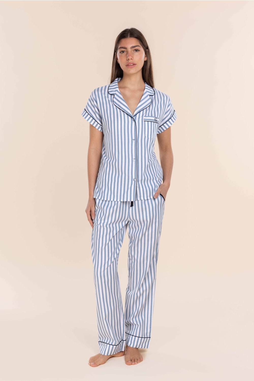 Gingerlilly Winona Cotton Sateen Long PJ Set - Blue Stripe [SZ:S]