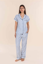 Load image into Gallery viewer, Gingerlilly Winona Cotton Sateen Long PJ Set - Blue Stripe [SZ:S]
