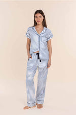 Load image into Gallery viewer, Gingerlilly Winona Cotton Sateen Long PJ Set - Blue Stripe [SZ:S]
