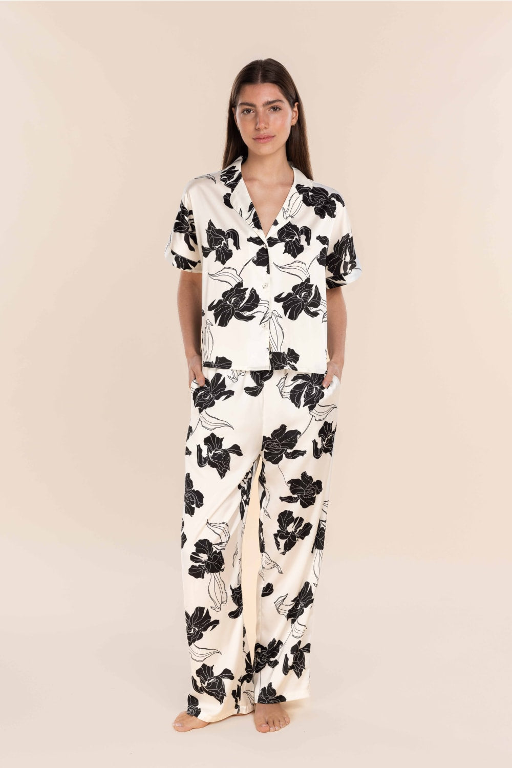 Gingerlilly Wren Silky Satin Floral PJ Set - Ivory/Black [SZ:S]